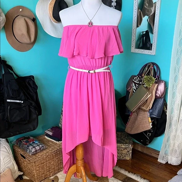 Elegant Pink Off-Shoulder High-Low Dress - Picture 1 of 4
